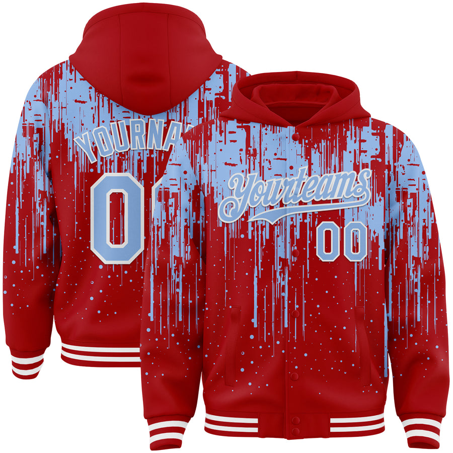 Custom Red Light Blue-White Dripping Splatter Bomber Full-Snap Varsity Letterman Hoodie Jacket