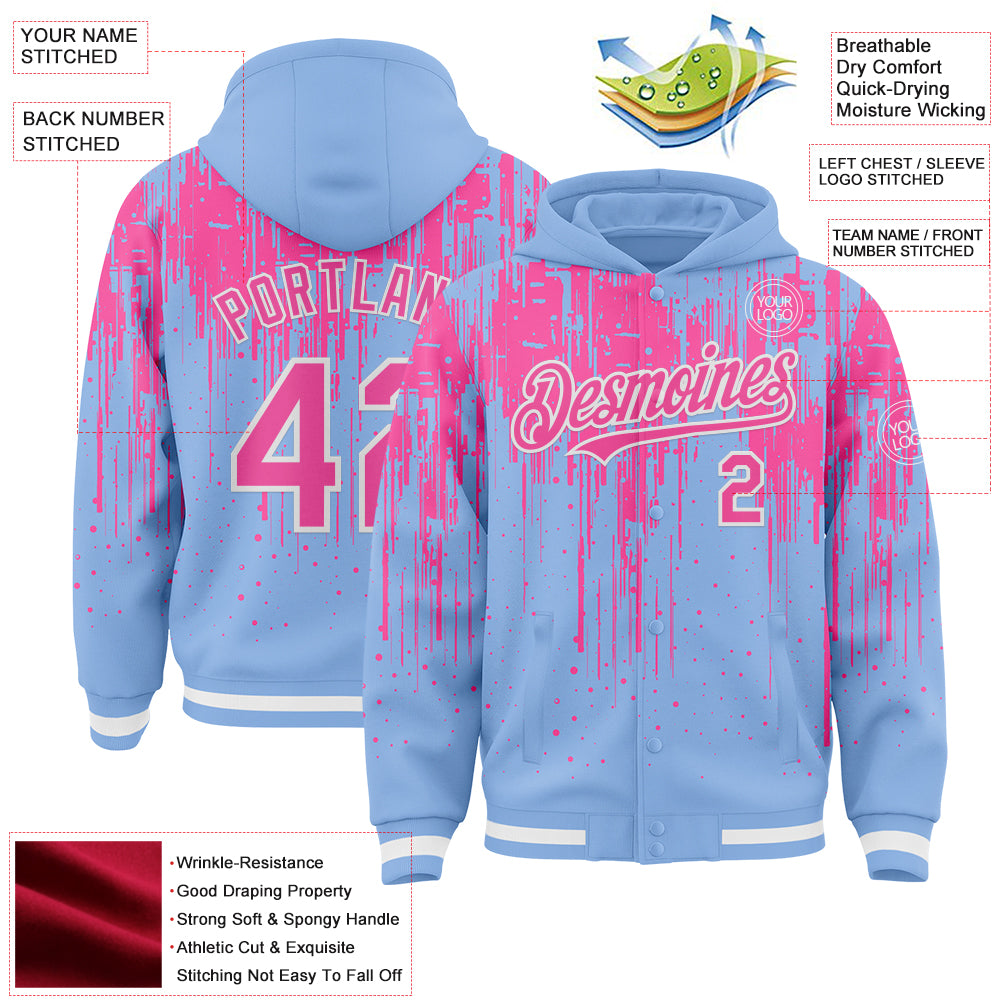 Custom Light Blue Pink-White Dripping Splatter Bomber Full-Snap Varsity Letterman Hoodie Jacket