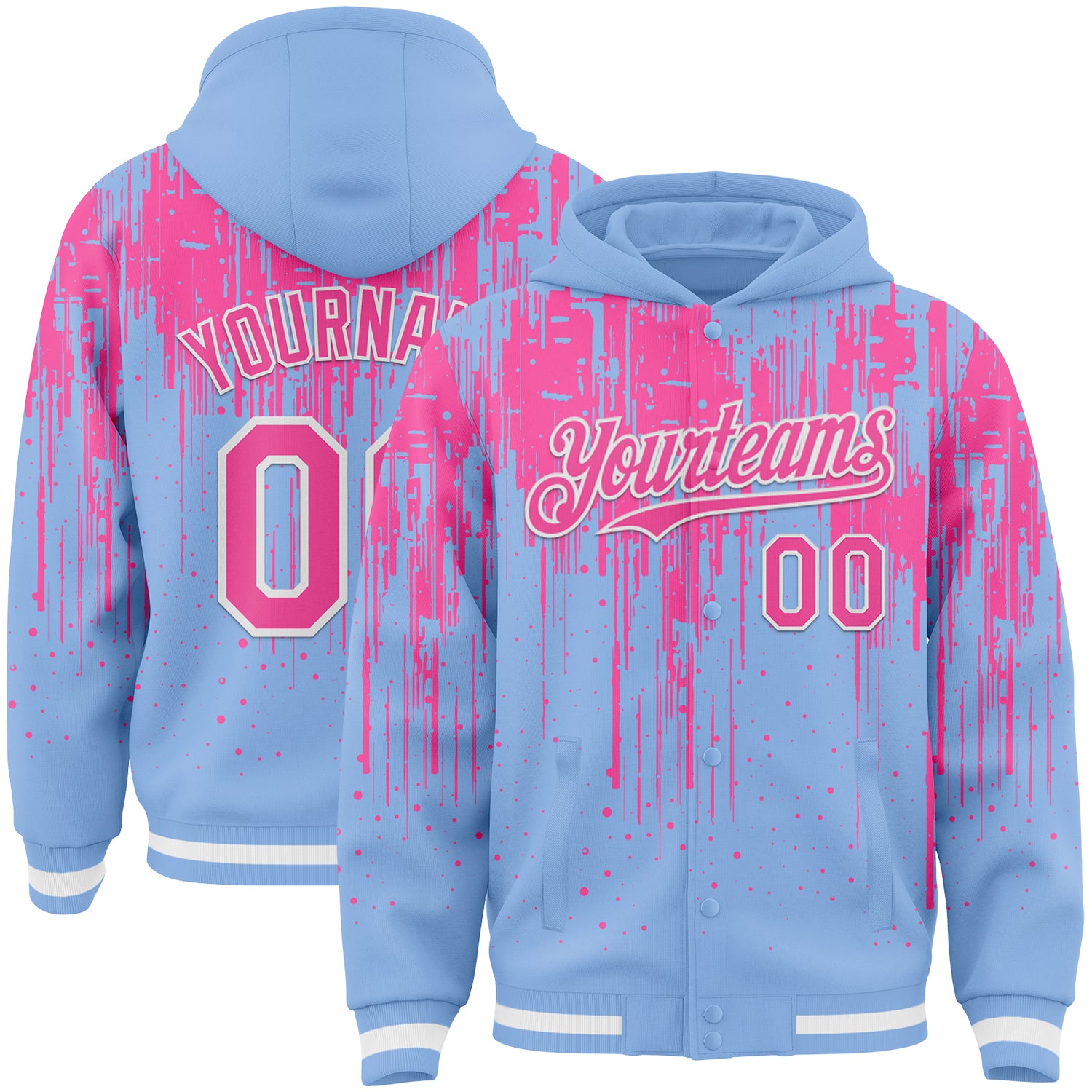 Custom Light Blue Pink-White Dripping Splatter Bomber Full-Snap Varsity Letterman Hoodie Jacket
