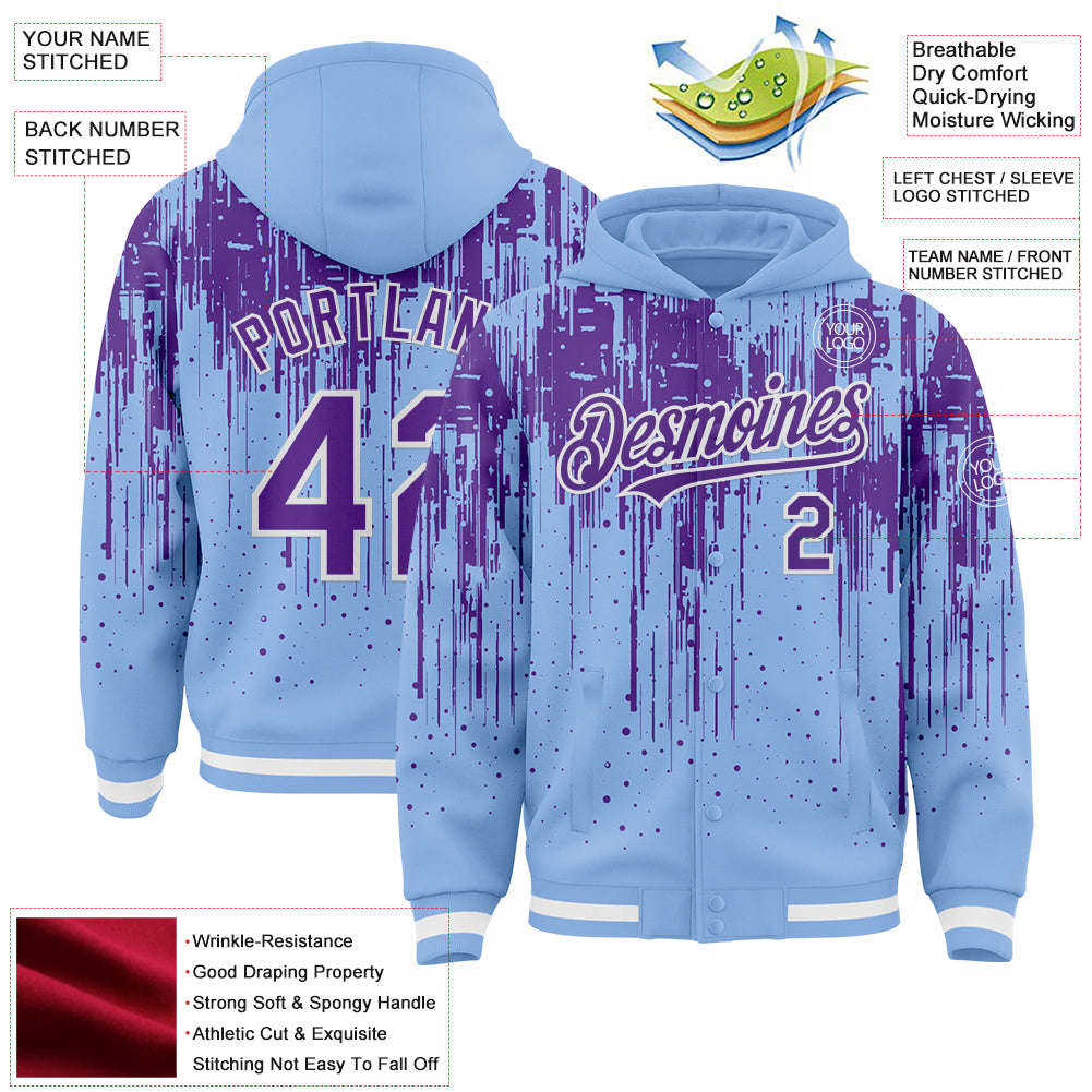 Custom Light Blue Purple-White Dripping Splatter Bomber Full-Snap Varsity Letterman Hoodie Jacket