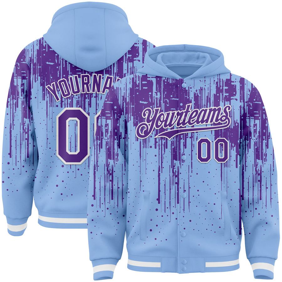 Custom Light Blue Purple-White Dripping Splatter Bomber Full-Snap Varsity Letterman Hoodie Jacket