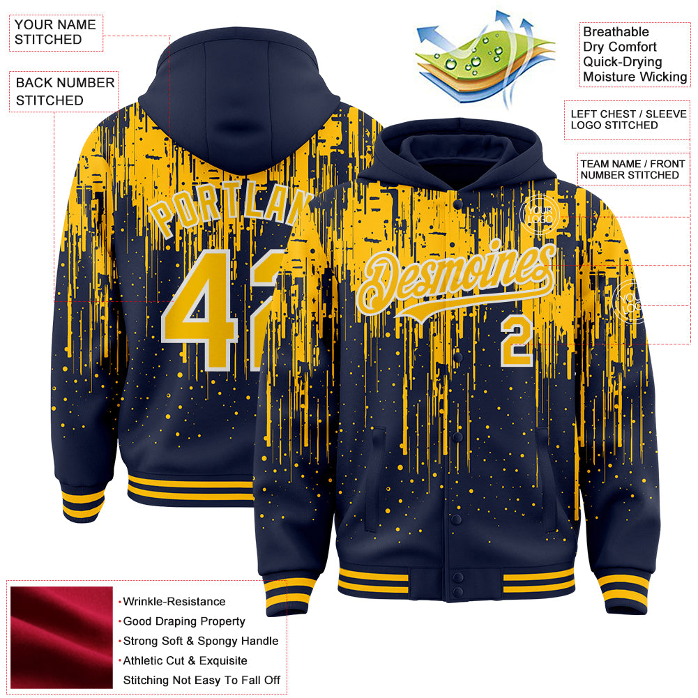 Custom Navy Gold-White Dripping Splatter Bomber Full-Snap Varsity Letterman Hoodie Jacket