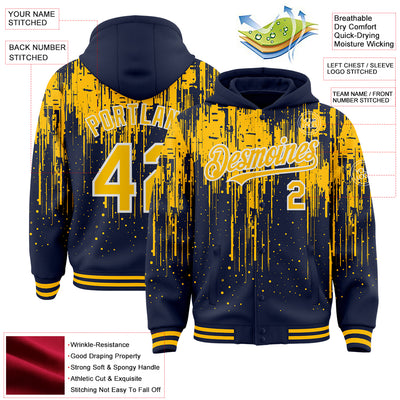 Custom Navy Gold-White Dripping Splatter Bomber Full-Snap Varsity Letterman Hoodie Jacket