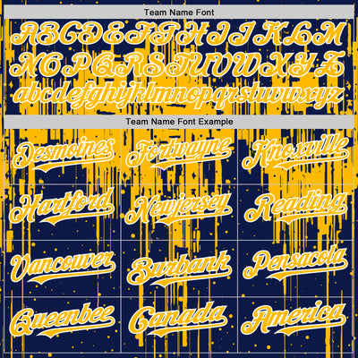 Custom Navy Gold-White Dripping Splatter Bomber Full-Snap Varsity Letterman Hoodie Jacket