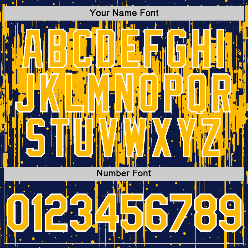 Custom Navy Gold-White Dripping Splatter Bomber Full-Snap Varsity Letterman Hoodie Jacket