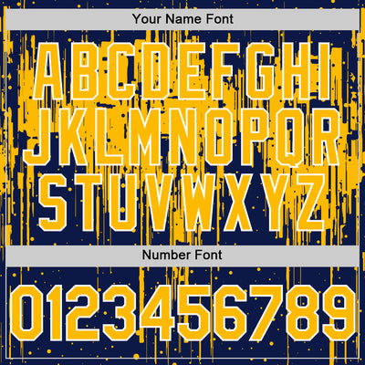 Custom Navy Gold-White Dripping Splatter Bomber Full-Snap Varsity Letterman Hoodie Jacket