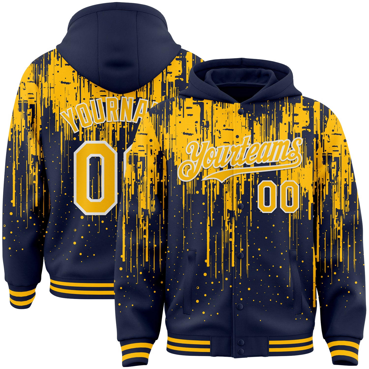 Custom Navy Gold-White Dripping Splatter Bomber Full-Snap Varsity Letterman Hoodie Jacket
