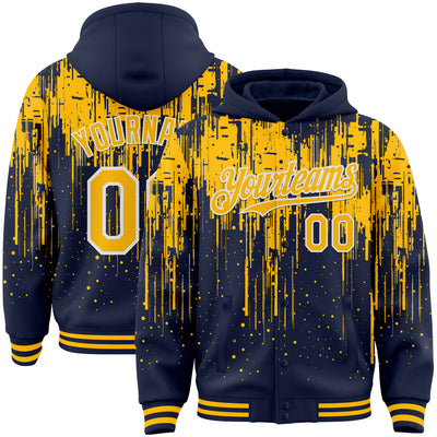 Custom Navy Gold-White Dripping Splatter Bomber Full-Snap Varsity Letterman Hoodie Jacket
