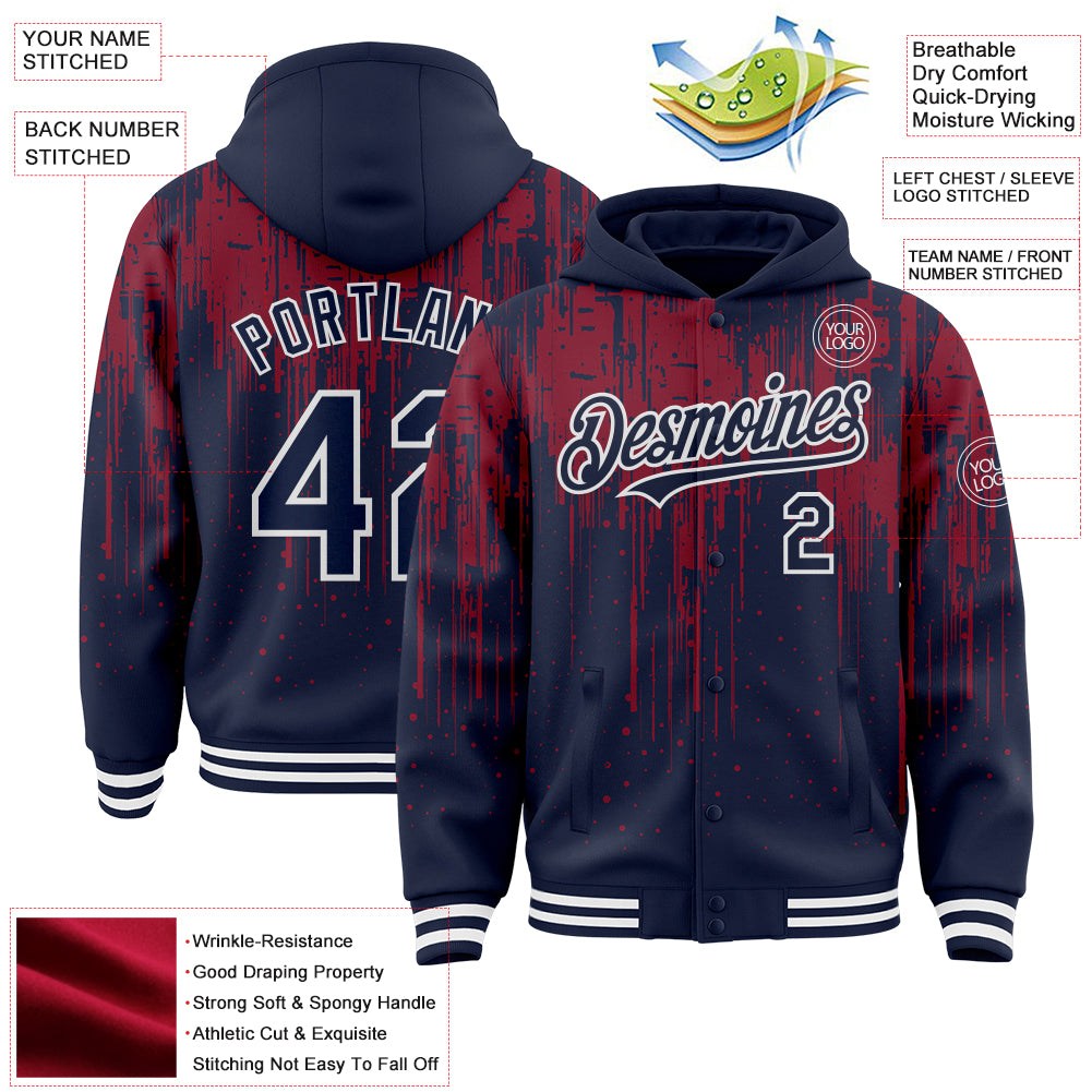 Custom Navy Crimson-White Dripping Splatter Bomber Full-Snap Varsity Letterman Hoodie Jacket