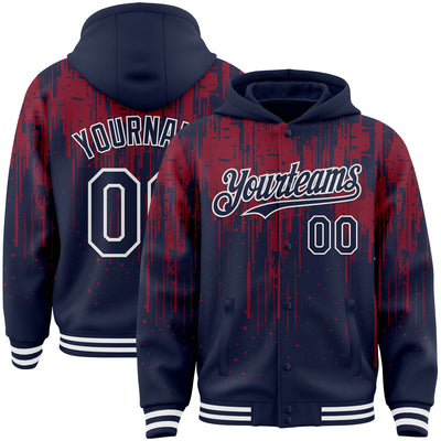 Custom Navy Crimson-White Dripping Splatter Bomber Full-Snap Varsity Letterman Hoodie Jacket