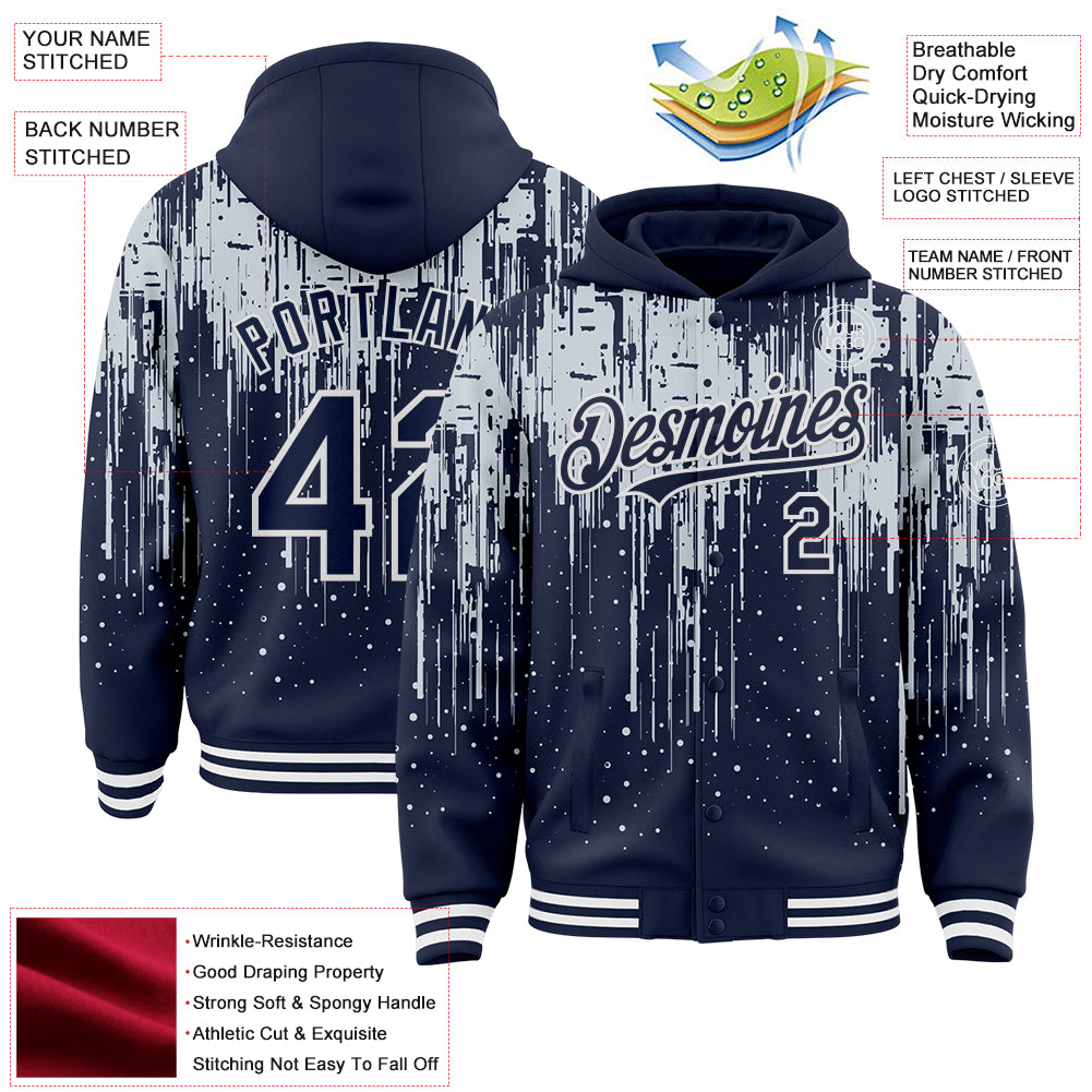 Custom Navy Silver-White Dripping Splatter Bomber Full-Snap Varsity Letterman Hoodie Jacket