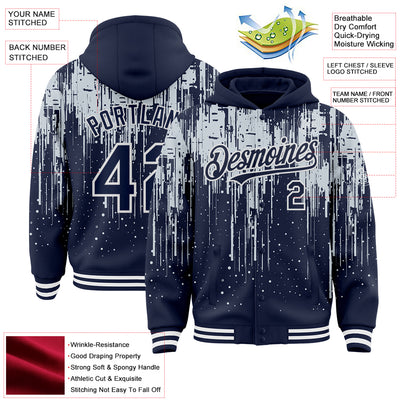 Custom Navy Silver-White Dripping Splatter Bomber Full-Snap Varsity Letterman Hoodie Jacket