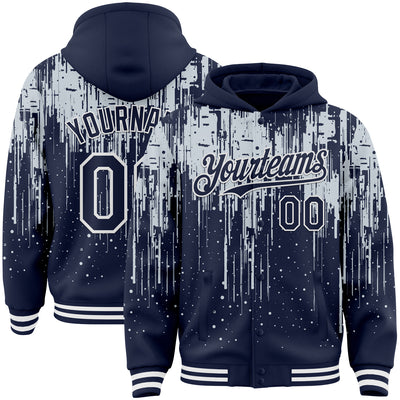 Custom Navy Silver-White Dripping Splatter Bomber Full-Snap Varsity Letterman Hoodie Jacket