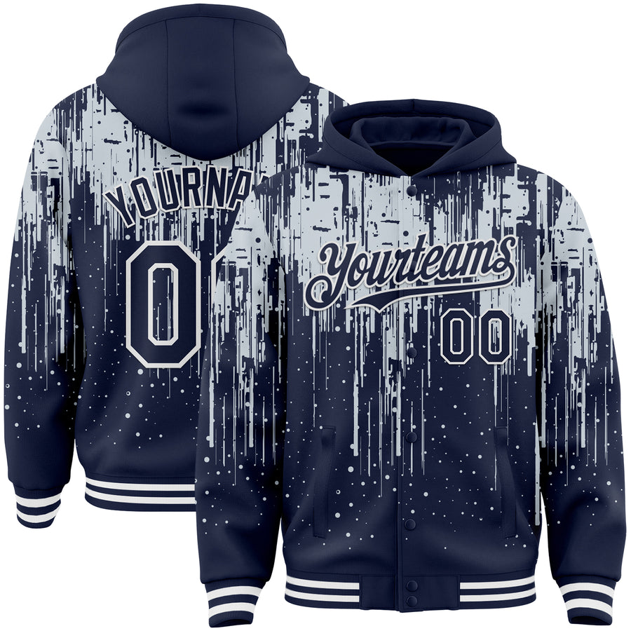 Custom Navy Silver-White Dripping Splatter Bomber Full-Snap Varsity Letterman Hoodie Jacket