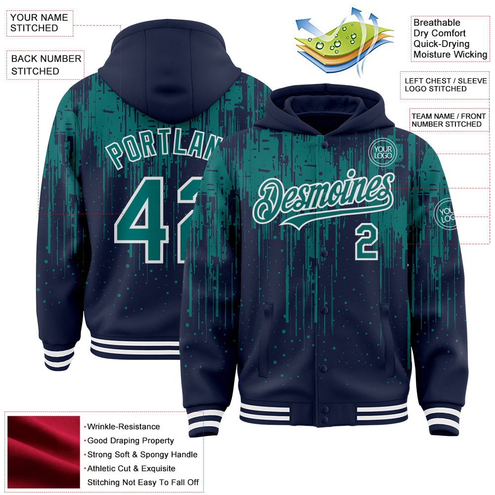 Custom Navy Teal-White Dripping Splatter Bomber Full-Snap Varsity Letterman Hoodie Jacket