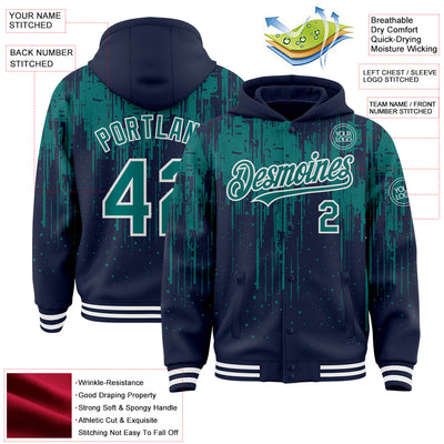 Custom Navy Teal-White Dripping Splatter Bomber Full-Snap Varsity Letterman Hoodie Jacket
