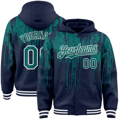 Custom Navy Teal-White Dripping Splatter Bomber Full-Snap Varsity Letterman Hoodie Jacket