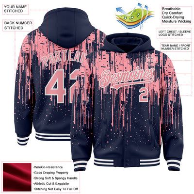 Custom Navy Medium Pink-White Dripping Splatter Bomber Full-Snap Varsity Letterman Hoodie Jacket
