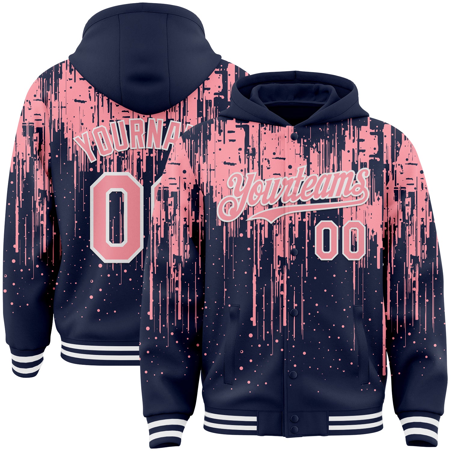 Custom Navy Medium Pink-White Dripping Splatter Bomber Full-Snap Varsity Letterman Hoodie Jacket