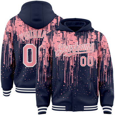 Custom Navy Medium Pink-White Dripping Splatter Bomber Full-Snap Varsity Letterman Hoodie Jacket