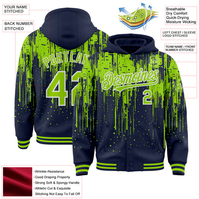 Custom Navy Neon Green-White Dripping Splatter Bomber Full-Snap Varsity Letterman Hoodie Jacket