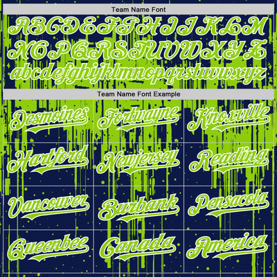 Custom Navy Neon Green-White Dripping Splatter Bomber Full-Snap Varsity Letterman Hoodie Jacket