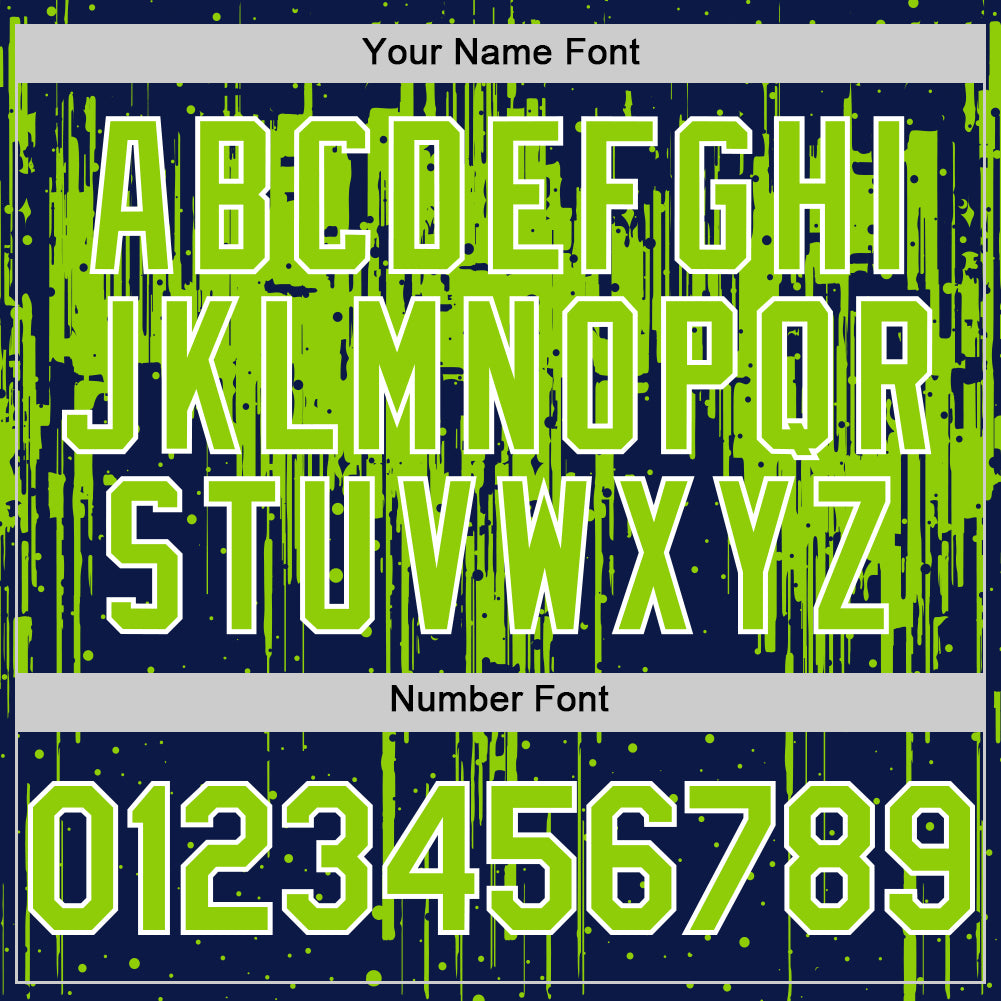 Custom Navy Neon Green-White Dripping Splatter Bomber Full-Snap Varsity Letterman Hoodie Jacket