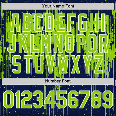 Custom Navy Neon Green-White Dripping Splatter Bomber Full-Snap Varsity Letterman Hoodie Jacket