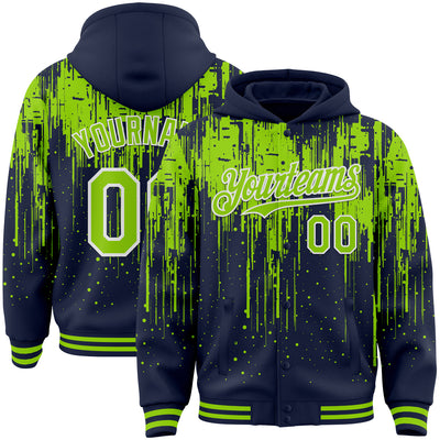 Custom Navy Neon Green-White Dripping Splatter Bomber Full-Snap Varsity Letterman Hoodie Jacket