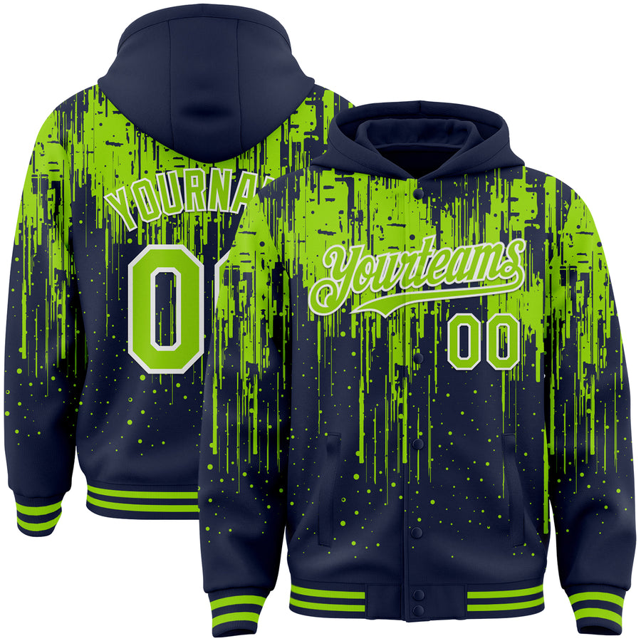 Custom Navy Neon Green-White Dripping Splatter Bomber Full-Snap Varsity Letterman Hoodie Jacket