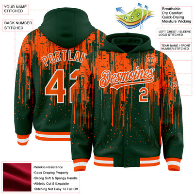 Custom Green Orange-White Dripping Splatter Bomber Full-Snap Varsity Letterman Hoodie Jacket