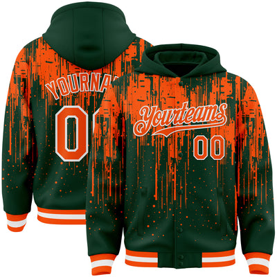 Custom Green Orange-White Dripping Splatter Bomber Full-Snap Varsity Letterman Hoodie Jacket