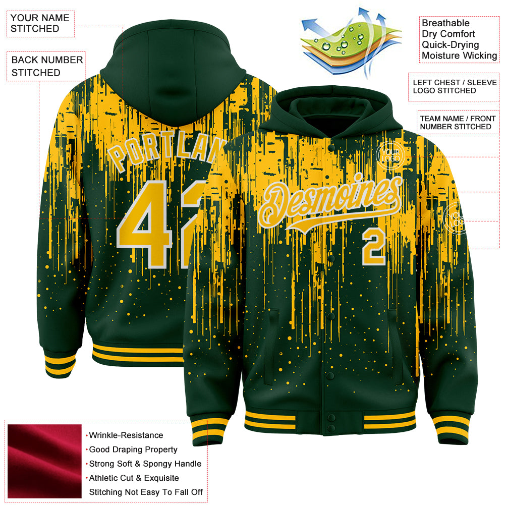 Custom Green Gold-White Dripping Splatter Bomber Full-Snap Varsity Letterman Hoodie Jacket