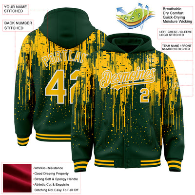 Custom Green Gold-White Dripping Splatter Bomber Full-Snap Varsity Letterman Hoodie Jacket