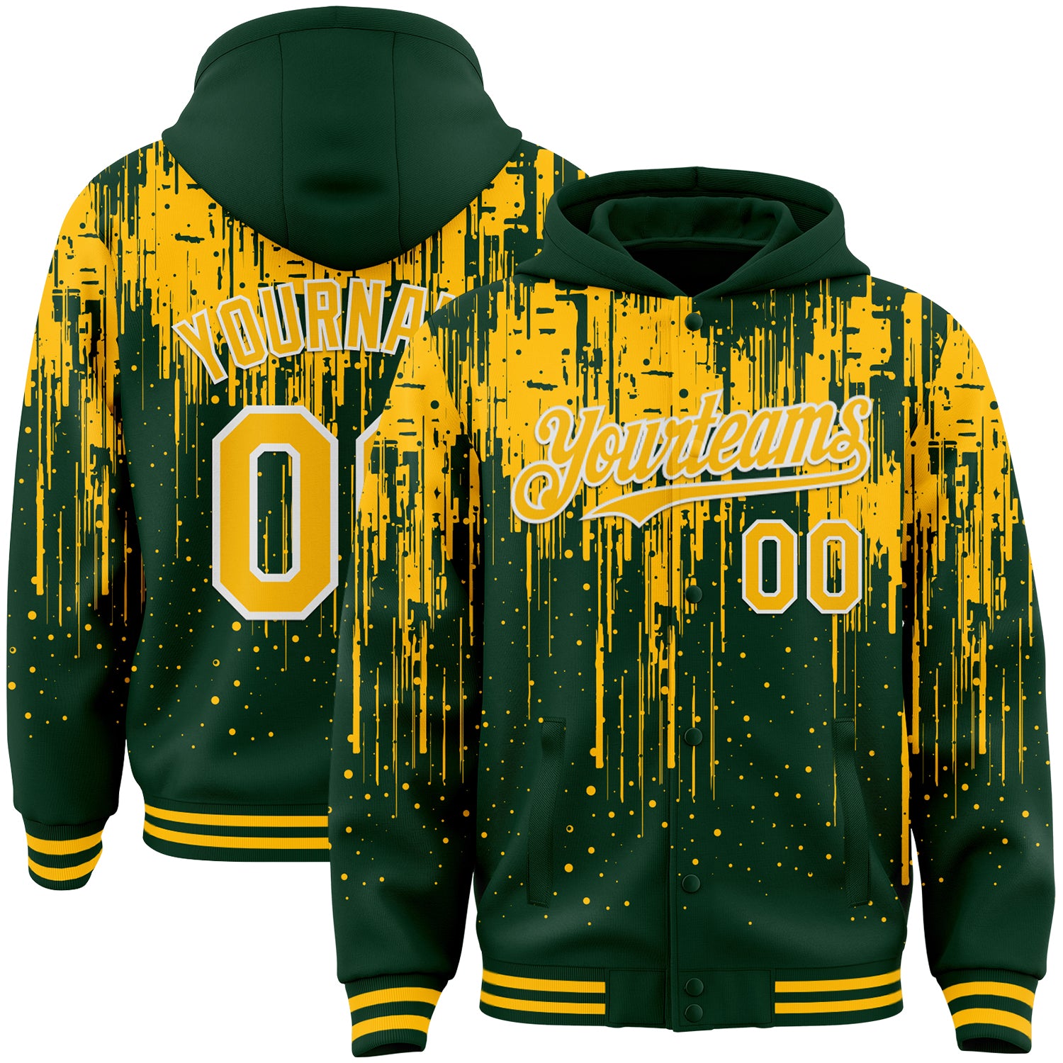 Custom Green Gold-White Dripping Splatter Bomber Full-Snap Varsity Letterman Hoodie Jacket