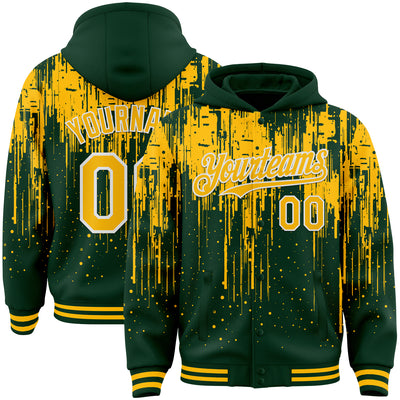Custom Green Gold-White Dripping Splatter Bomber Full-Snap Varsity Letterman Hoodie Jacket