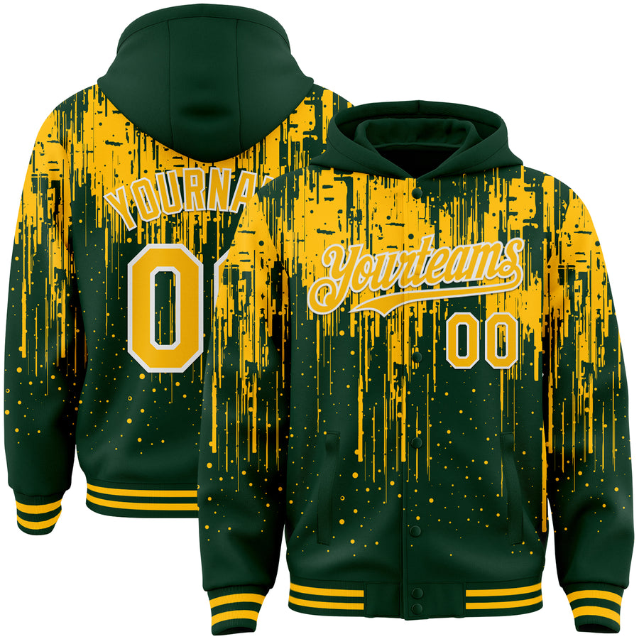 Custom Green Gold-White Dripping Splatter Bomber Full-Snap Varsity Letterman Hoodie Jacket