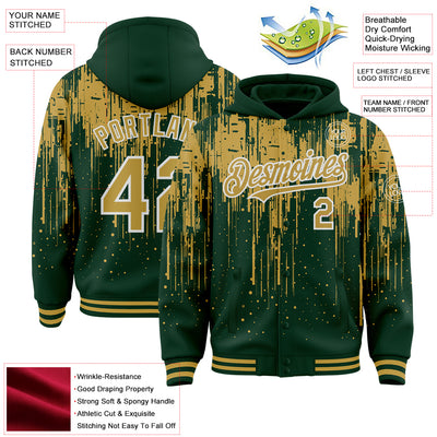 Custom Green Old Gold-White Dripping Splatter Bomber Full-Snap Varsity Letterman Hoodie Jacket