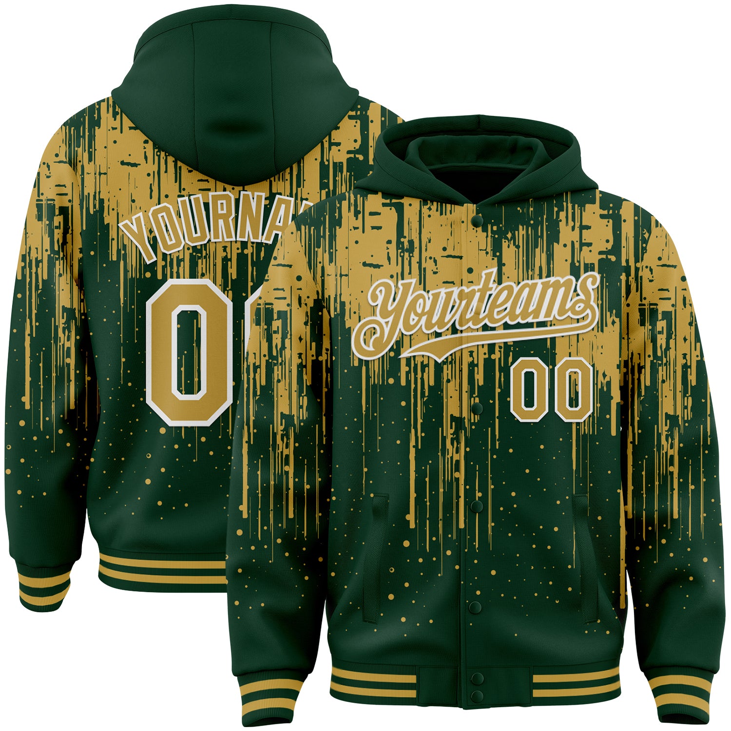 Custom Green Old Gold-White Dripping Splatter Bomber Full-Snap Varsity Letterman Hoodie Jacket