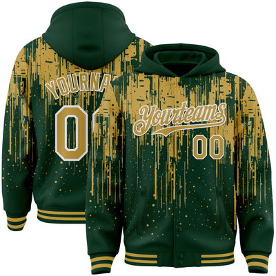 Custom Green Old Gold-White Dripping Splatter Bomber Full-Snap Varsity Letterman Hoodie Jacket