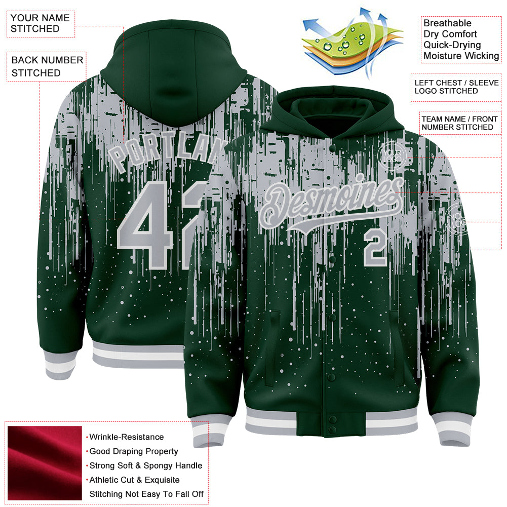 Custom Green Gray-White Dripping Splatter Bomber Full-Snap Varsity Letterman Hoodie Jacket