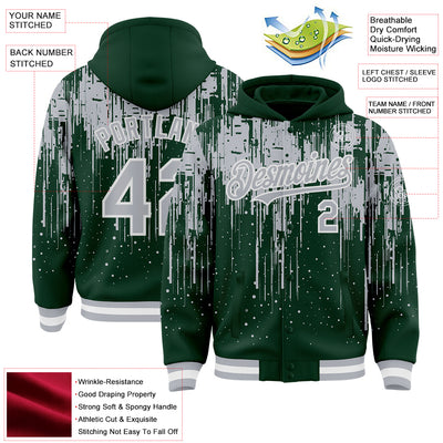 Custom Green Gray-White Dripping Splatter Bomber Full-Snap Varsity Letterman Hoodie Jacket