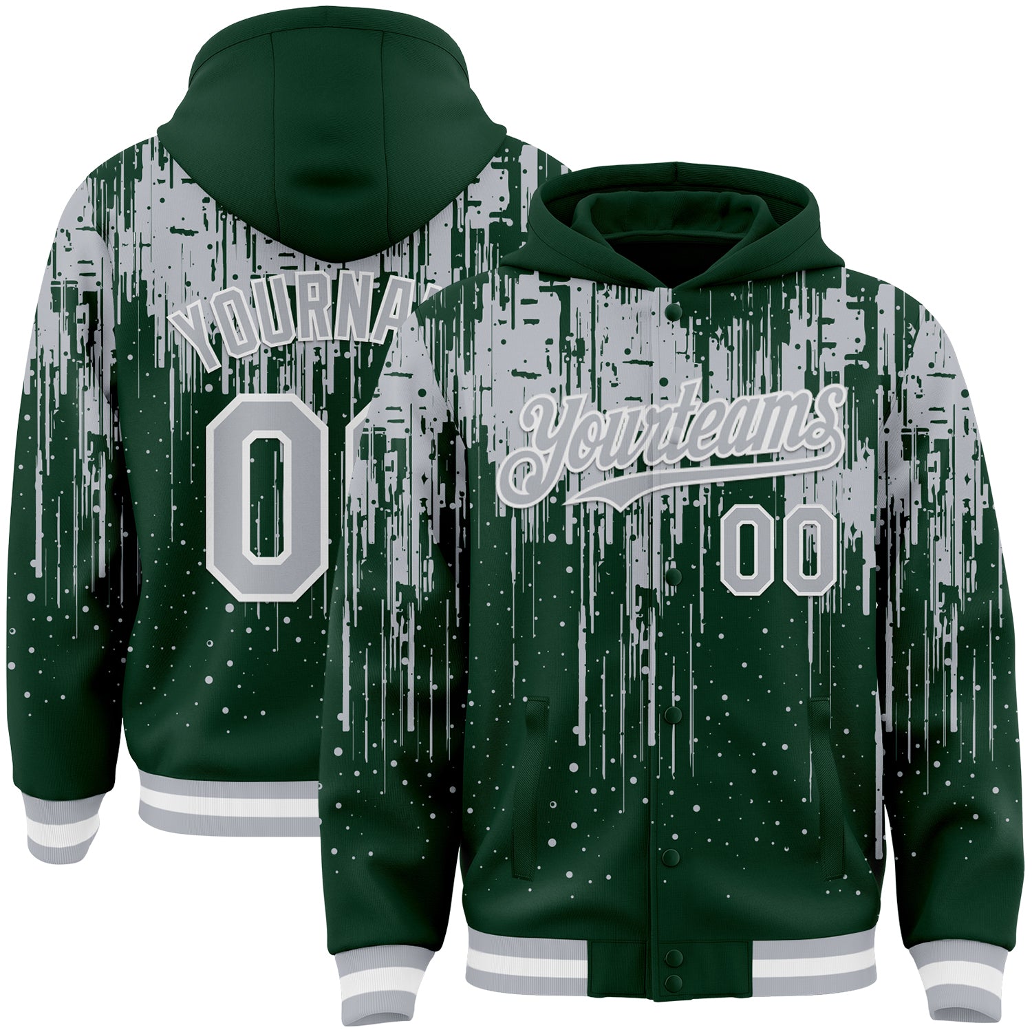 Custom Green Gray-White Dripping Splatter Bomber Full-Snap Varsity Letterman Hoodie Jacket