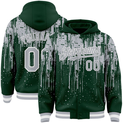 Custom Green Gray-White Dripping Splatter Bomber Full-Snap Varsity Letterman Hoodie Jacket