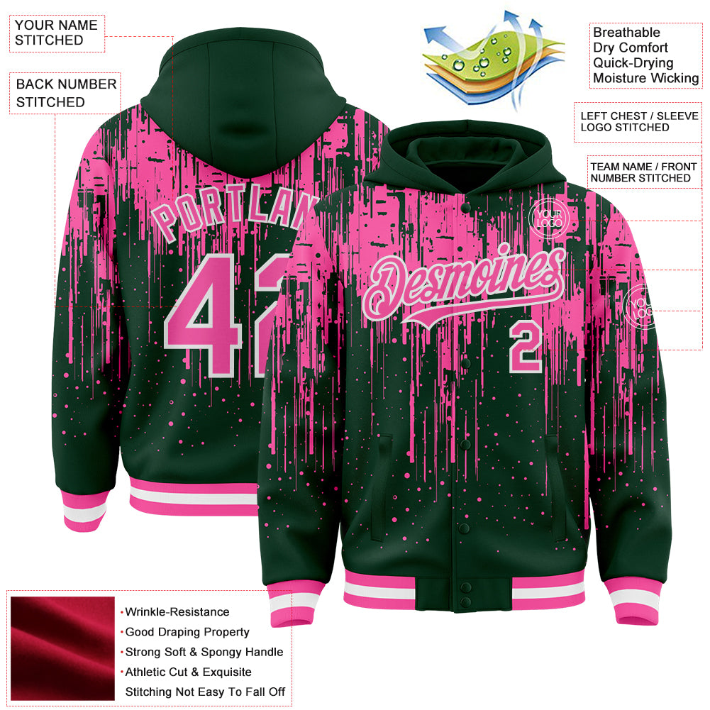 Custom Green Pink-White Dripping Splatter Bomber Full-Snap Varsity Letterman Hoodie Jacket