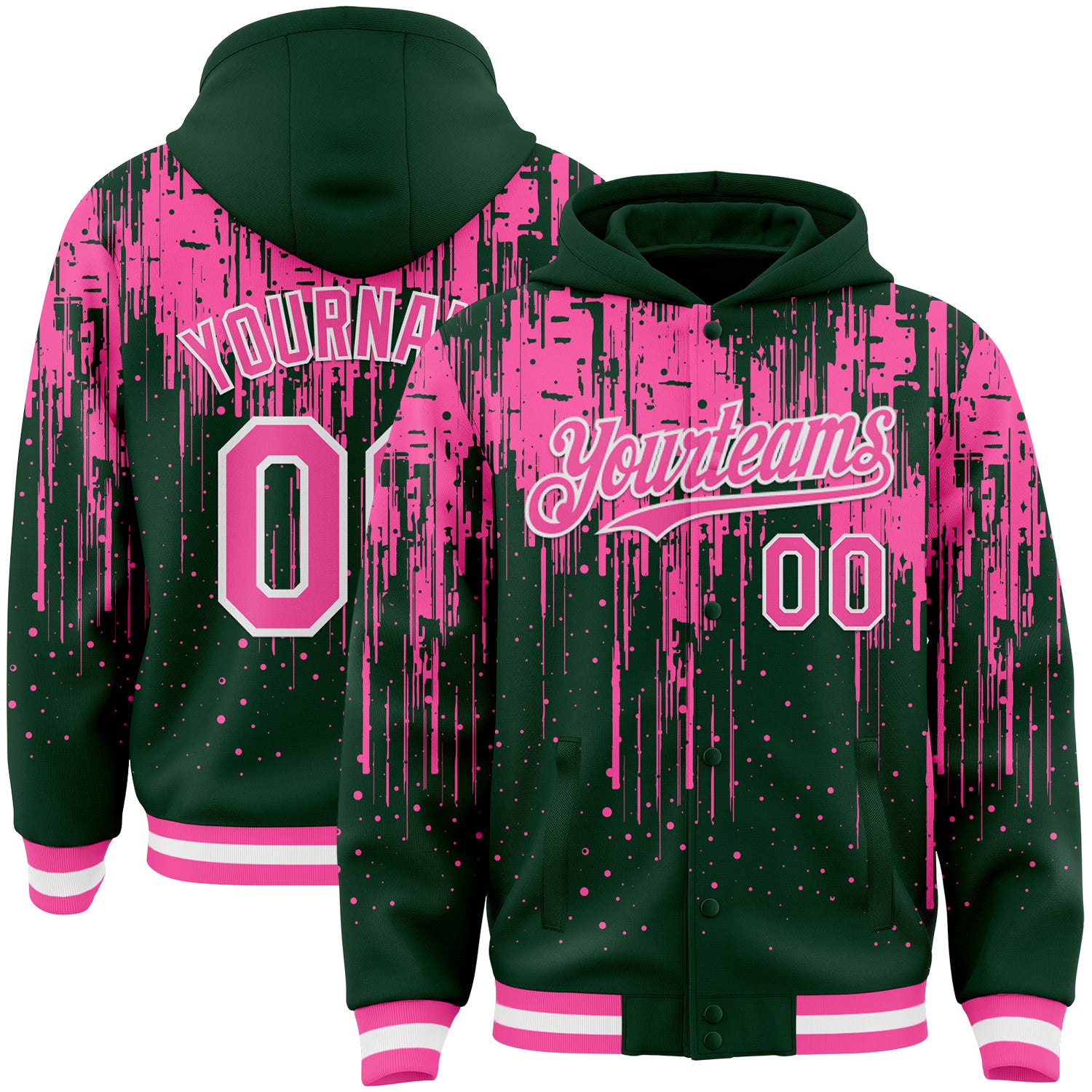 Custom Green Pink-White Dripping Splatter Bomber Full-Snap Varsity Letterman Hoodie Jacket