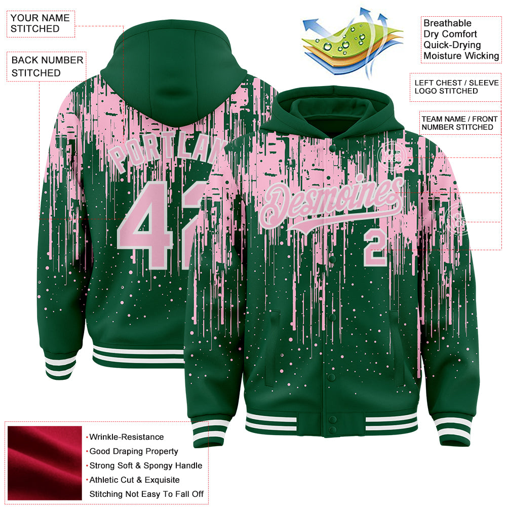 Custom Kelly Green Light Pink-White Dripping Splatter Bomber Full-Snap Varsity Letterman Hoodie Jacket