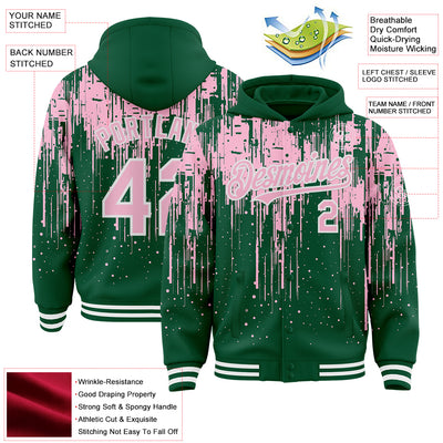 Custom Kelly Green Light Pink-White Dripping Splatter Bomber Full-Snap Varsity Letterman Hoodie Jacket