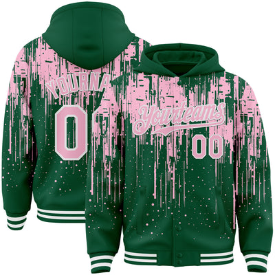 Custom Kelly Green Light Pink-White Dripping Splatter Bomber Full-Snap Varsity Letterman Hoodie Jacket
