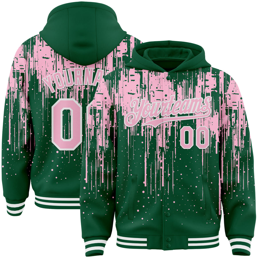 Custom Kelly Green Light Pink-White Dripping Splatter Bomber Full-Snap Varsity Letterman Hoodie Jacket